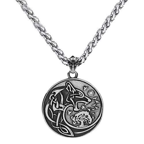 NICEWL Collar con Colgante de Fenrir Vikingo de Mitología Nórdica, Amuleto de Yggdrasil de Lobo Celta de Acero Inoxidable para Hombre, Joyería de Cadena de Clavícula Locomotora Vintage de Moda