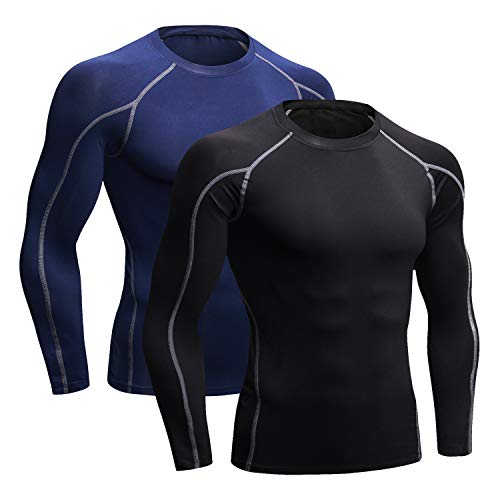 Niksa 2 Piezas Camisetas de Fitness Compresión Ropa Deportiva Manga Larga Hombre para Correr, Ejercicio,Gimnasio 1059 (X-Large(Fit Chest 38.5"-40.5"), (Manga Larga) Negro Gris+Azul Marino)