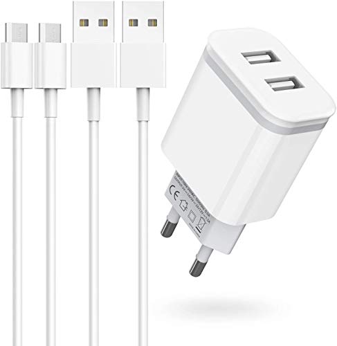 Niluoya Cargador y 2M Cable Micro USB, 3-Pack Móvil USB de Pared 2.1A/5V Dos Puerto Enchufe Replacement for Android, Samsung Galaxy S7 S6 S5 Edge J3 J5 J7 J8 A6, Redmi Note 5 4, Huawei, Sony, Tableta