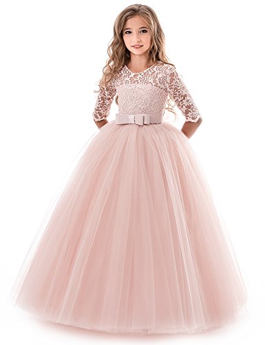 NNJXD Chicas Pompa Bordado Vestido de Bola Princesa Boda Vestir Talla(130) 6-7 años 378 Rosa-A