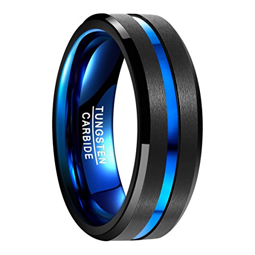 NUNCAD Anillo Hombre Mujere Unisexo Tungsteno Exterior Negro + Azul 8 mm Anillo Simple para Boda Compromiso Talla (27.5)