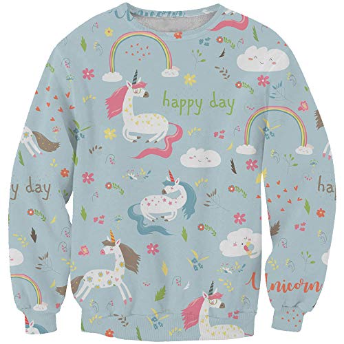 Ocean Plus Niña Manga Larga Estampado Digital Sudadera Unicornio Cumpleaños Adolescente Deporte Niños Jersey (M (Altura: 115-125cm), Unicornios pelirrojos sobre Turquesa)