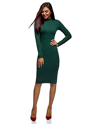 oodji Ultra Mujer Vestido de Punto con Cuello Mao, Verde, ES 40 / M