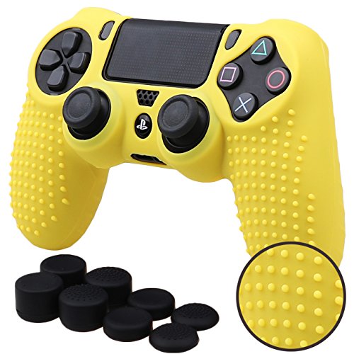 Pandaren® TACHONADO de silicona Fundas protectores de piel antideslizante para el PS4 Mando x 1 (amarillo) + FPS PRO thumb grip x 8