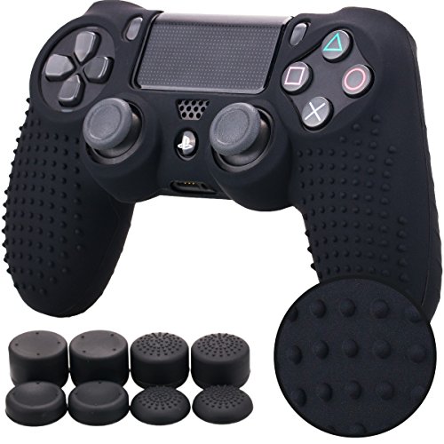 Pandaren® TACHONADO de Silicona Fundas Protectores de Piel Antideslizante para el PS4 Mando x 1 (Negro) + FPS PRO Thumb Grip Pulgar Agarre x 8