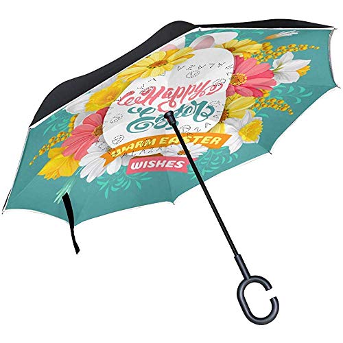 Paraguas de Lluvia invertido invertido Feliz cumpleaños Huevos de Pascua Flores Florales Margarita Sombrillas Reversibles con Mango en Forma de C