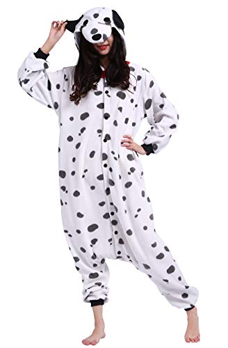 Pijama Animal Entero Unisex para Adultos con Capucha Cosplay Pyjamas Perro Manchado Ropa de Dormir Traje de Disfraz para Festival de Carnaval Halloween Navidad