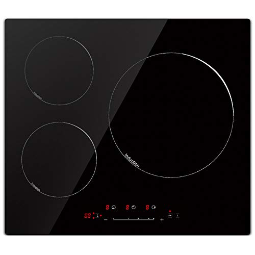 Placa de inducción, placa de cocción de inducción eléctrica (6400 W, Autarkic, 3 fuegos, 60 cm, empotrada, táctil, temporizador, cristal cerámica)