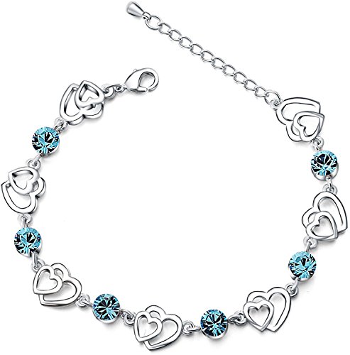 Pulsera con doble corazón de cristales azules Swarovski Elements pulsera de plata de ley con circonia cúbica