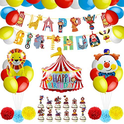 Pushingbest Decoraciones Cumpleaños, Decoración de Feliz cumpleaños de Circo, Banner, Payaso, león, Globos de Papel de Feliz cumpleaños, Pompones de Papel tisú, Globos de látex y Adorno de Pastel