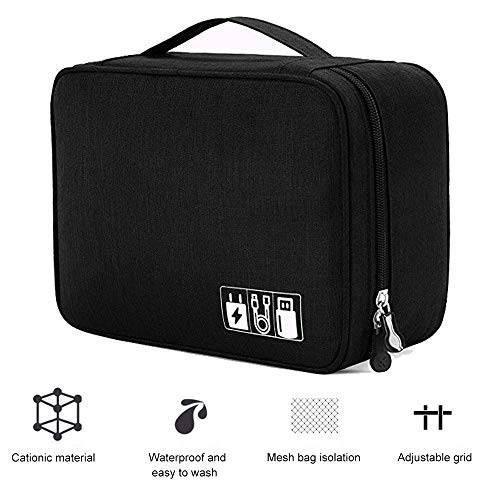 QearFun Bolsa de Viaje Cables Organizador Electrónica Accesorios Estuches Bolsa de Transporte Caja Organizador de Cables iPad, Kindle, Cables, Adaptador, Banco de energía, Joyas(Negro)