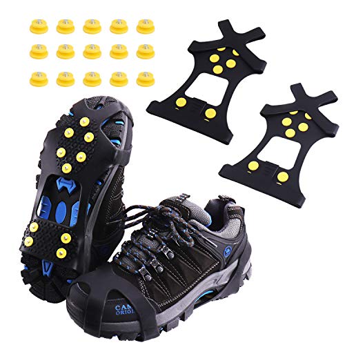 Rakaraka Crampones, Crampones de 10 Dientes Antideslizante para Cámping Alpinismo Acampada Senderismo Marcha Invierno Equipado con 15 Tacos Reemplazables (Negro, L)