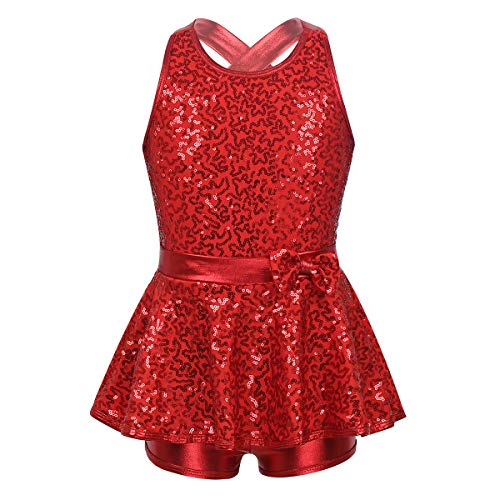 ranrann Vestido de Baile Moderno Jazz Lentejuelas para Niña Maillot de Danza Ballet con Falda Mono Correas Cruzadas Leotardo de Gimnasia Patinaje Rojo 6 Años