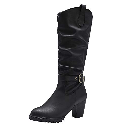 RAZAMAZA Mujer Simple Botas Tacón Ancho Botas Plisadas Pull On Botas largas Gladiator Invierno Botas Hebilla Black Size 41 Asian