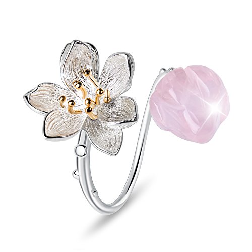 ♥ Regalo para Navidad♥ JIANGYUYAN S925 Anillos de flores de plata esterlina Lotus Whispers Anillo abierto Joyería hecha a mano Regalo para mujeres y niñas(Pink)