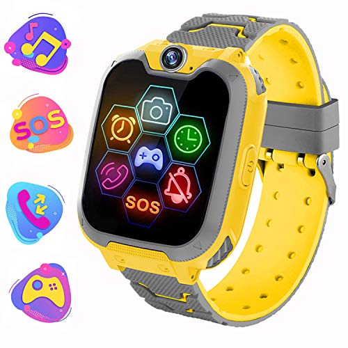 Reloj Inteligente para Niños de Pantalla Táctil con Juego de Música - Smartwatch para Niños Niña 3-12 Años (Tarjeta SD de 1GB incluida Relojes Inteligentes con Llamada SOS Cámara calculadora,Amarillo