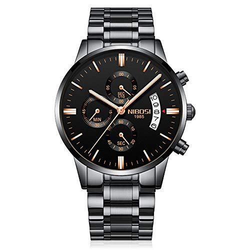 Relojes Hombre Cronógrafo Reloj de Pulsera Calendario con Correa de Acero Inoxidable Elegante, Negro