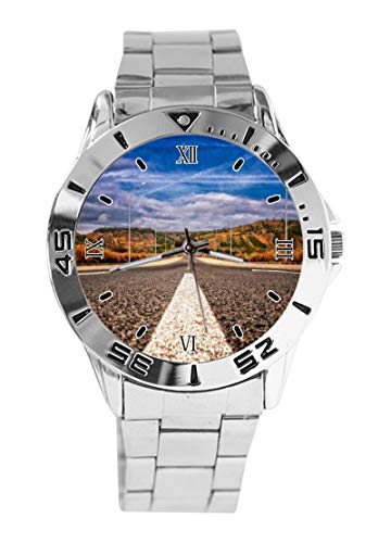 Road Asphalt Mark Landscape - Reloj de Pulsera analógico de Cuarzo para Mujer y Hombre, Unisex, Acero Inoxidable, Color Plateado