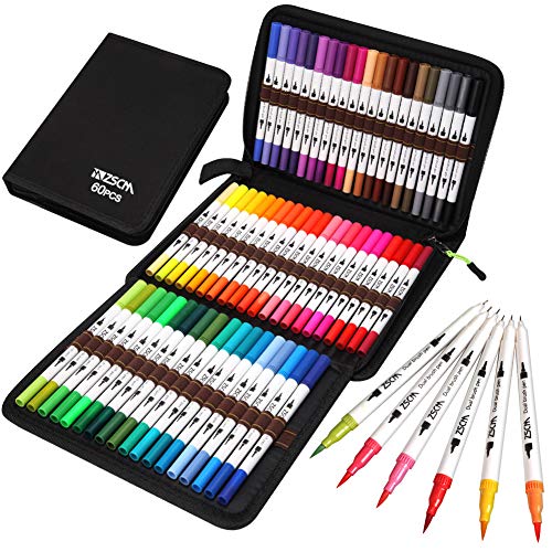 Rotuladores de Pincel Acuarelables, 60 colores Rotuladores de doble punta fina Fineliner Plumas para Adulto libros de colorear, Bullet Journal, Caligrafía y Dibujos, ilustraciones, bocetos