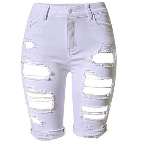 Señoras Hombres Dchen Mujeres Verano Cowboy Alta Distressed Cintura Stretch Ripped Washed hasta La Rodilla Jeans Boyfriend Denim Pantalones Jole Jole (Color : Blanco, Size : M)