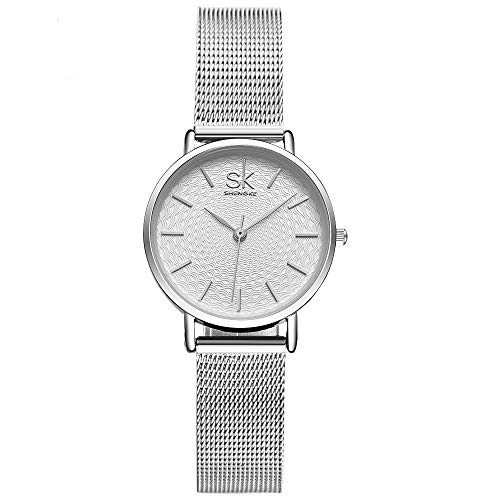 SHENGKE- Reloj de Pulsera para Mujer, Correa de Malla, Elegante, para Mujer, Estilo Simplicidad (K0006-silver-mesh Band)