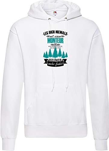 Shirtinstyle Hombre Hooded Leg Dich Niemals con un Montador un, Wir Kennen - Blanco, M