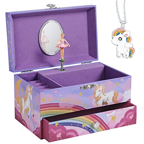 SONGMICS Caja de música, joyero, bailarina, caja de música con cajón, ruedas para anillos y varios compartimentos, la melodía de unicornio, color lila JMC012P02, 19 x 10,5 x 10,5 cm