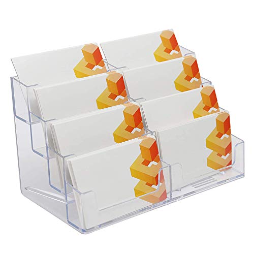 Soporte Tarjetas Visita Pack de 2-19,5cm de Largo x 8,5cm de Ancho x 9,3cm de Alto- Tarjetero de Escritorio Acrílico Transparente 4 Niveles, 8 Secciones Caja Tarjetas Visita Escritorio (Horizontal)