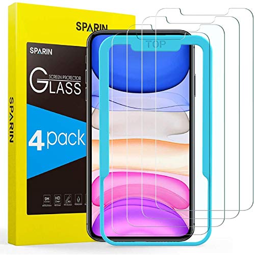 SPARIN Protector de Pantalla Compatible con iPhone 11 y iPhone XR, Cristal Templado con Marco de Alineación, 4 Piezas