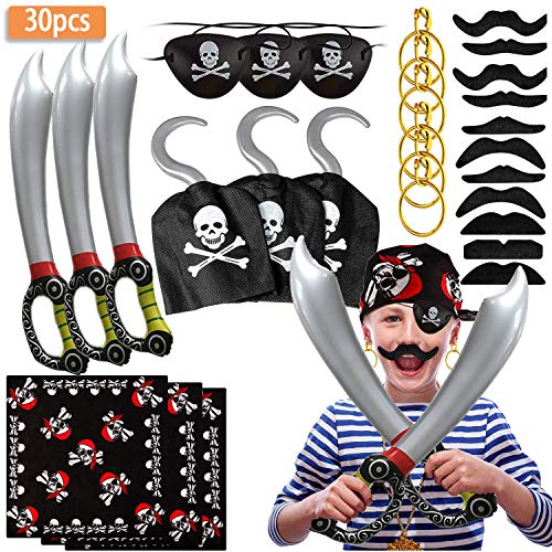 SPECOOL Accesorios de Pirata con Parche en el Ojo Pirata Pirata Espada Pendientes de Gancho de Pirata Conjunto Falso Bigote Pirata capitán Traje Conjunto para niños