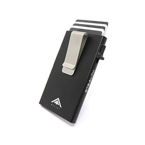 STEALTH WALLET Portatarjetas RFID Minimalista - Carteras de Tarjetas de Crédito de Metal Delgado y Ligero con Protección de Bloque NFC (Aluminio Negro con Clip para Billetes)