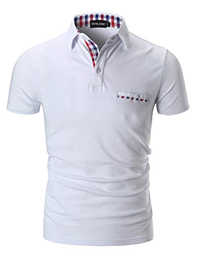 STTLZMC Casual Polo Hombre Mangas Corta Camisetas Deporte Algodón Clásico Plaid Cuello,Blanco,S