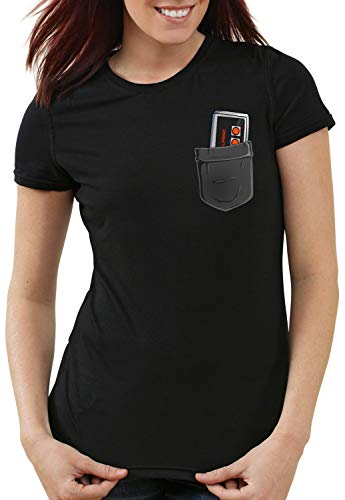 style3 NES Bolsillo Camiseta para Mujer T-Shirt, Color:Negro, Talla:L