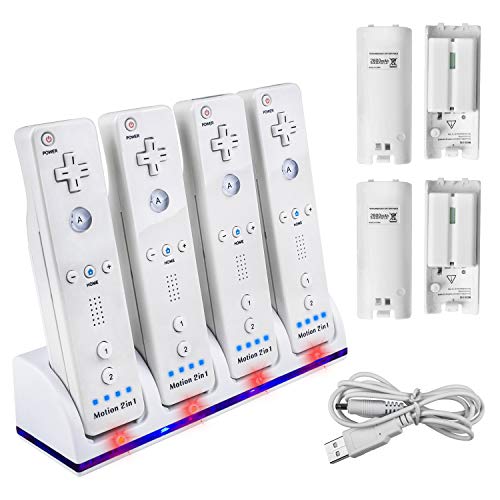 TechKen - Base de carga para mando de Wii (4 puertos de carga para Wii con baterías recargables de 4 x 2800 mAhde Wii para mando a distancia de Wii