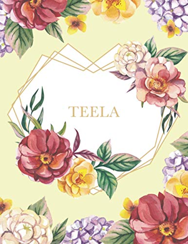 Teela: Personalized Notebook with Name in a Heart Frame. Customized Journal with Floral Cover. Narrow Lined (College Ruled) Notepad for Women and Girls