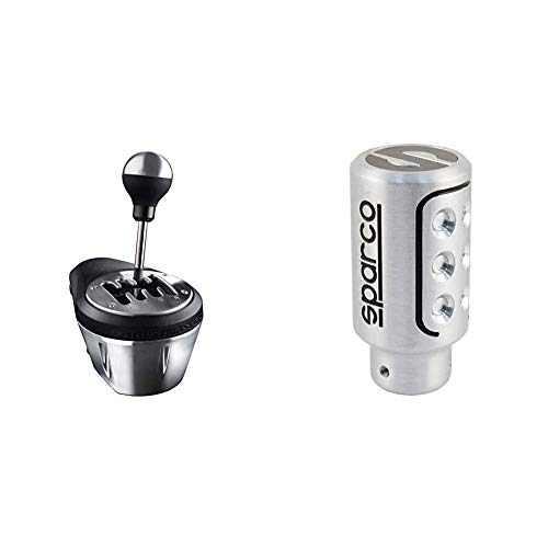 Thrustmaster TH8A - Palanca de cambio, Multiplataforma, Cambio Manual y Secuencial + Sparco OPC01030000 Pomo de Cambio de Marcha para Coche Racing Color Logo Blanco Universal, Plata/Negro