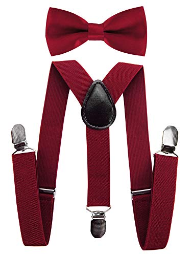 Tirantes para niños Axy con forma de Y con pajarita, con 3 pinzas extrarresistente, color liso rojo borgoña