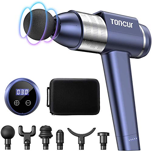 Toncur Pistola de Masaje Muscular, Masajeador de Músculos de Tejido Profundo Ultra Silenciosos 35 dB Massage Gun, 30 Niveles Ajustables, 3200 RPM, Diseño 105°, 6 Cabezales de Masaje, para Relajación