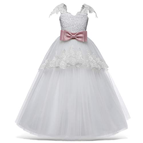 TTYAOVO Vestido Elegante de Princesa Niña Pétalos Encaje de Flores Bowknot Vestido Noche Dama de Honor de Princesa 11-12 Años 02Blanco