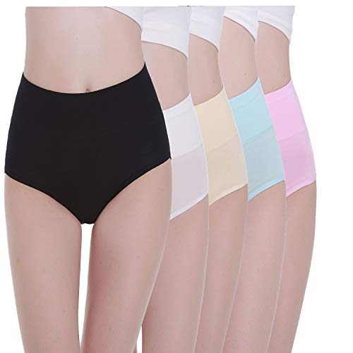 TUUHAW Braguita de Talle Alto Algodón para Mujer Pack de 5 Culotte Bragas de Cintura Alta Cómodo Talla Multicolor-2 L