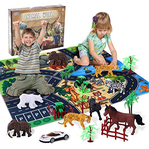 Ulikey Juguetes Animales con Tapete Juego, Juguetes Animales Salvajes de la Selva, Figuras Animales Juguete Educativo de Mundo Zoológico Forestal Regalo para Niños (B)