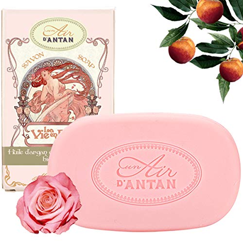 Un Air d’Antan® Jabon Tradicional Perfumado Frances Rose : Manteca de Karite Organico, Aceite de Argan Bio, Perfume Original Melocotón, Petalos de Rosa, Pachulí, Formula Hidratante, Idea Regalo - 100g