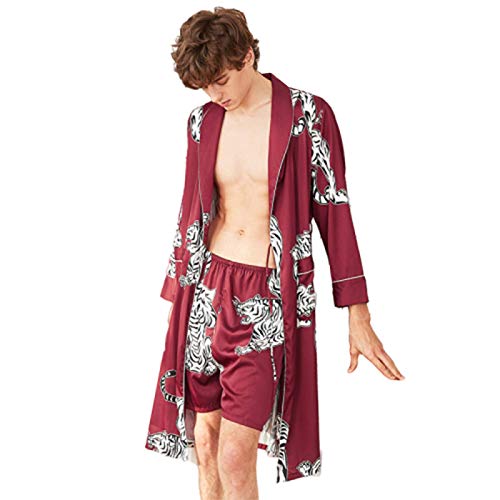 Un Conjunto de dos Piezas de Pantalones Cortos y Bata para Hombre Transpirabilidad Delicada Wlegant Bata de Noche Sedoso Larga Simplicidad Cómodo Pijama