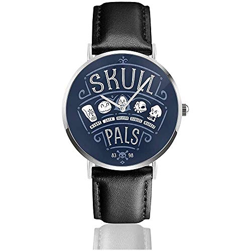 Unisex Skulls Pals Grim Fandango Relojes Reloj de Cuero de Cuarzo con Correa de Cuero Negro