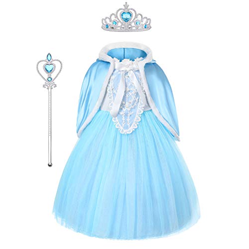 URAQT Disfraz de Elsa, Vestido de Princesa Elsa, Vestido de Copo de Nieve de Encaje Fino con Varita de Hada y Tiara de Corona, para Cumpleaños, Fiesta de Navidad de Halloween