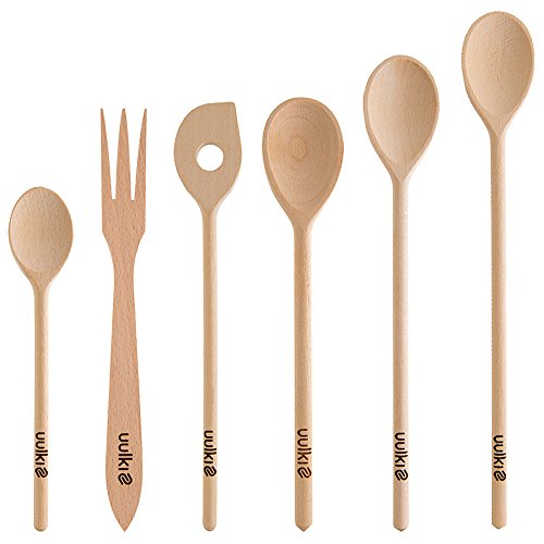 Uulki® Juego de 6 cucharas de cocina de madera de haya Europa: 4 cucharas, 1 cuchara para remover, 1 tenedor - ecológico