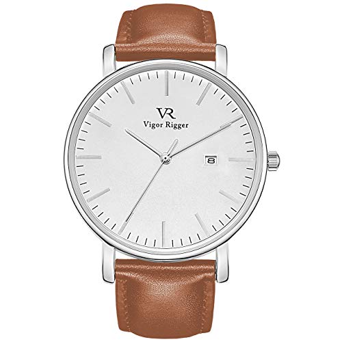 Vigor Rigger Mujeres Reloj Minimalista Hombres Modernos Relojes Fecha Pantalla Caballeros Reloj de Pulsera de Cuarzo con Blanco Cara Caso Plata con marrón Banda de Cuero Genuino Watches for Men