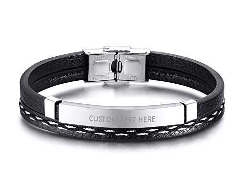 VNOX Personaliza Grabado Gratuito Trenzado de Cuero de PU Chapado en Negro Etiqueta de Identificación de Acero Inoxidable Pulsera Pulsera Brazalete para Hombres Niño