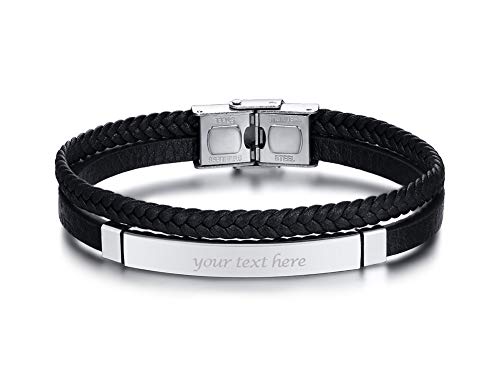 VNOX Personalizado de Acero Inoxidable Trenzado de Cuero de PU Chapado en Negro ID de Mensaje Etiqueta Envuelta Pulsera Brazalete Pulsera para Hombres Mujeres, Grabado Gratis