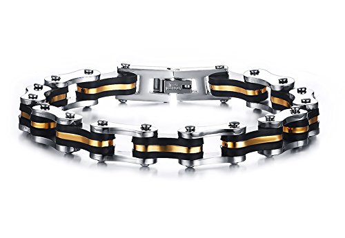 VNOX Pulsera de Pulsera de la Cadena de la Bici de la Motocicleta del silicón del Acero Inoxidable de los Hombres con la línea del Oro,Plata